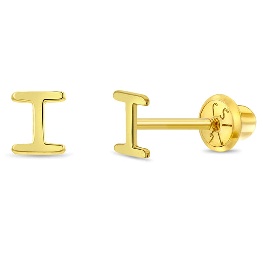 Childrens 14k Gold  Initial Letter I Girls Screw Back Earrings