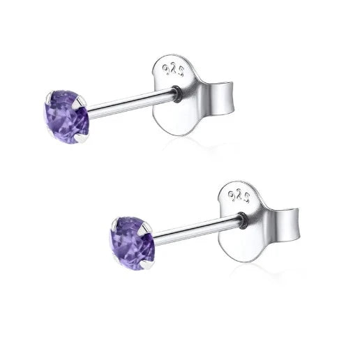 Sterling Silver 2mm Tiny Round Amethyst CZ Stud Earrings