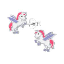 Children's Sterling Silver Purple Winged Unicorn Stud Earrings