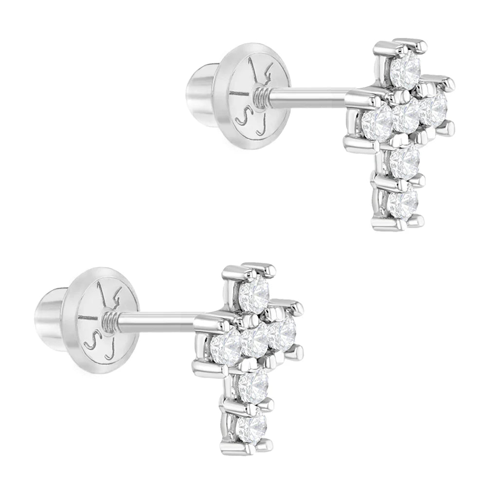 14k gold cross earrings for girls by In Season Jewellery with sparkling stones in a delicate design