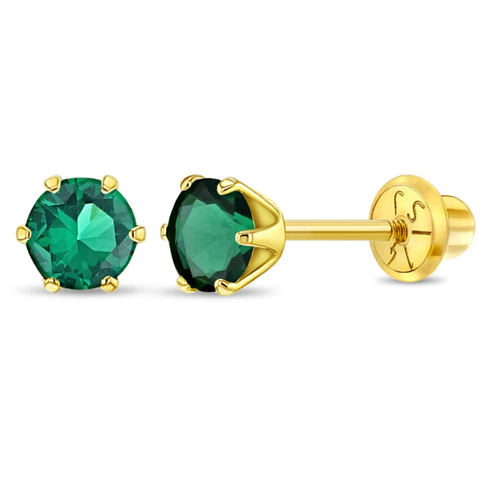 14k gold May birthstone earrings for girls with vibrant green stones by In Season Jewellery