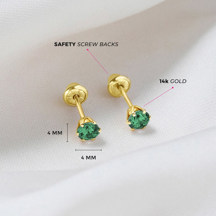 14k gold May birthstone earrings for girls with green stones and safety screw backs by In Season Jewellery