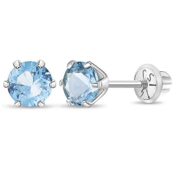 14k white gold kids earrings with round blue gemstones by In Season Jewellery
