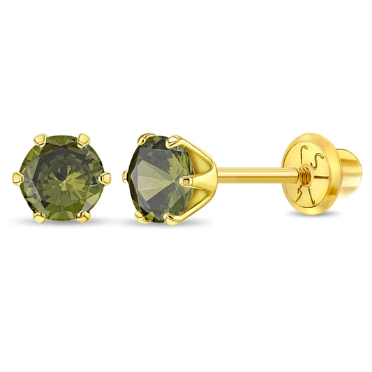 14k yellow gold August birthstone earrings for children by In Season Jewellery with green gemstones
