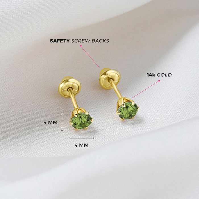 14k yellow gold August birthstone earrings for children with safety screw backs by In Season Jewellery