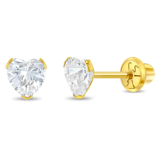 In Season Jewellery heart-shaped gold stud April birthstone earrings for girls with clear gemstones