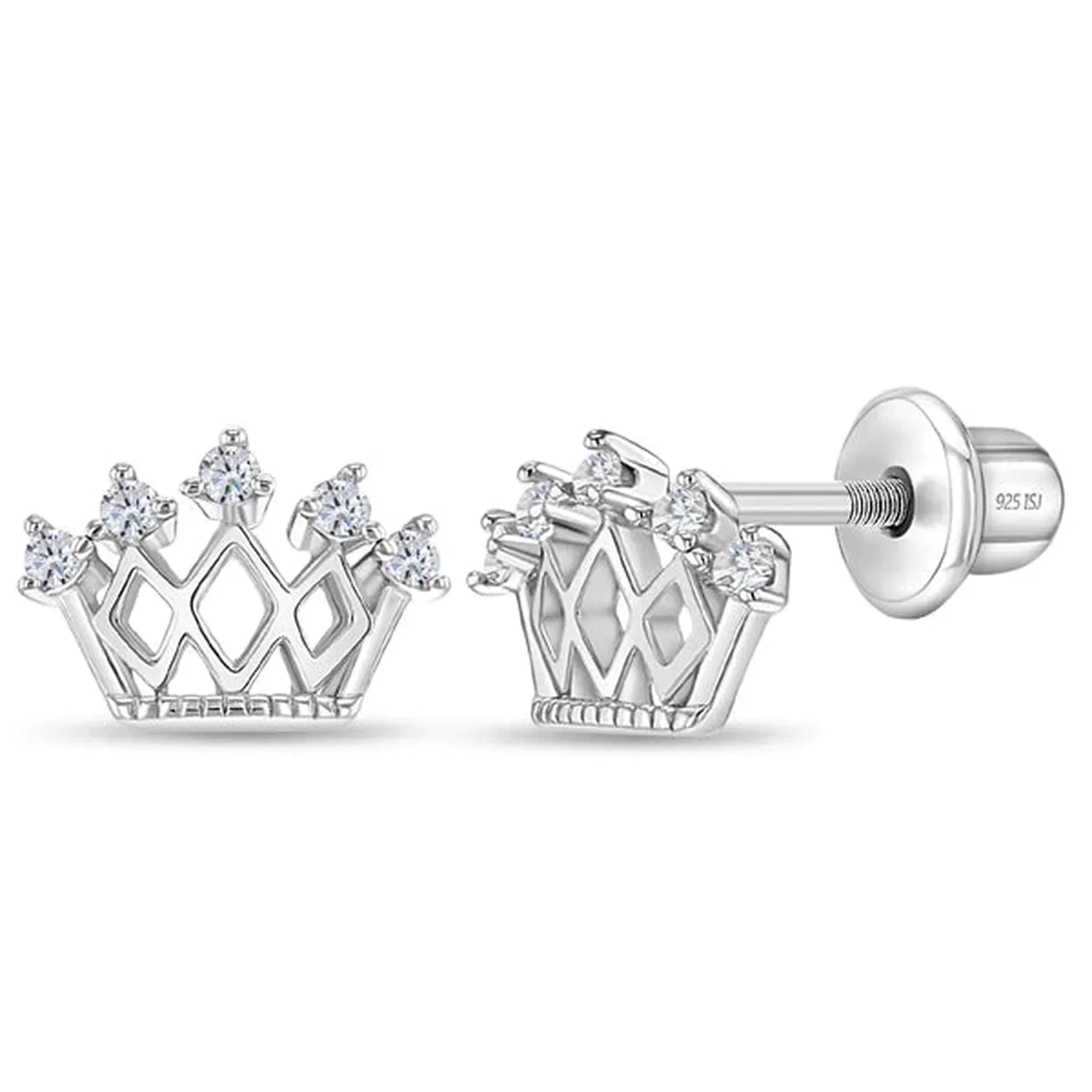 Silver crown earrings girls design with sparkling clear stones by In Season Jewellery