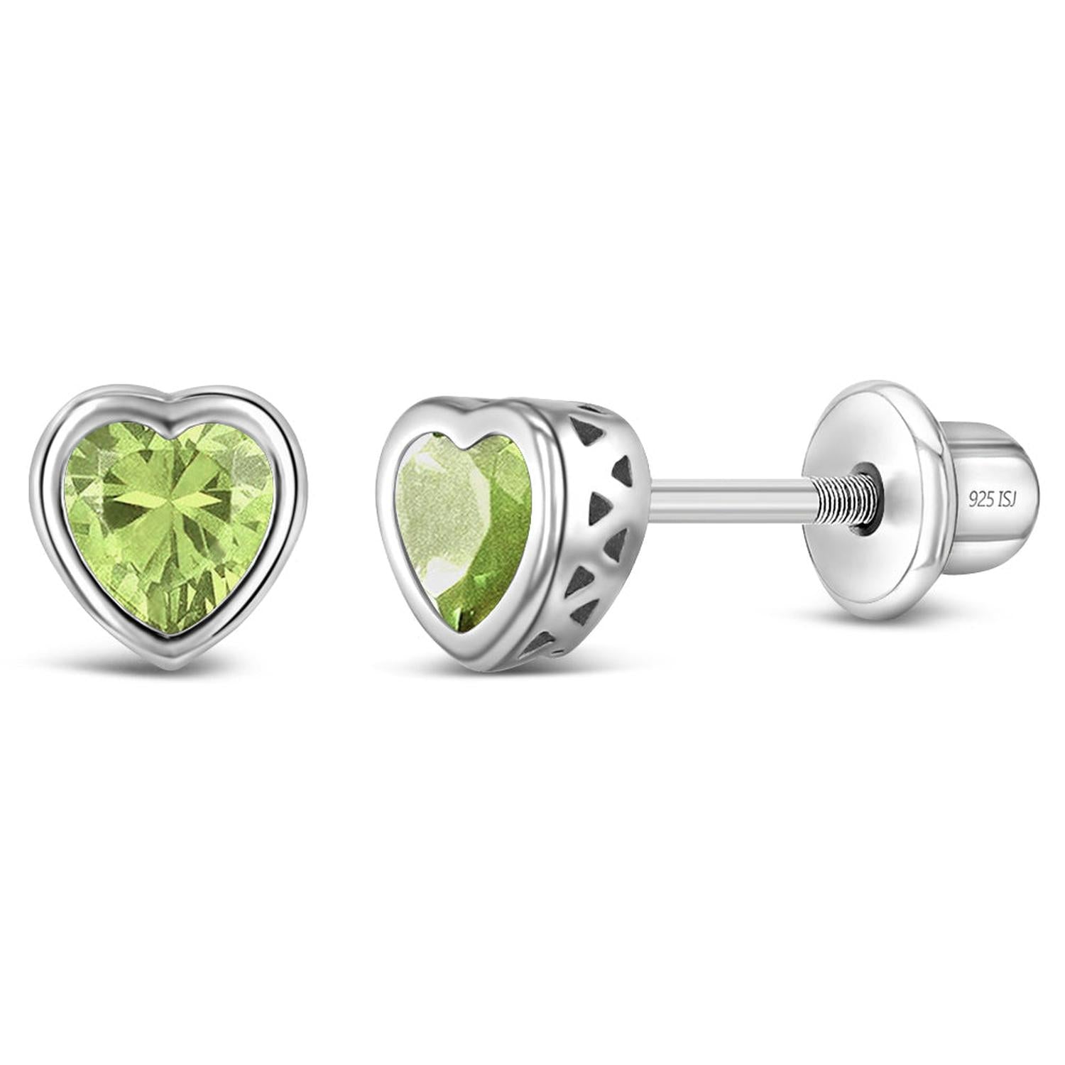 Silver heart-shaped stud earrings with light green stones for Girls August Birthstone Earrings by In Season Jewellery