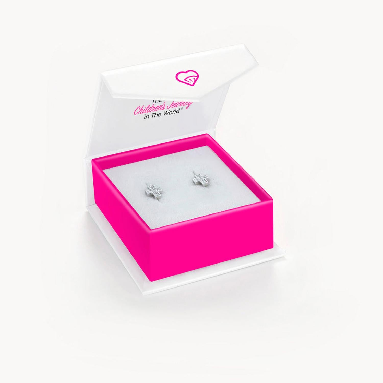 Girls CZ Cross Screw Back Earrings in silver with clear stones in a bright pink and white presentation box
