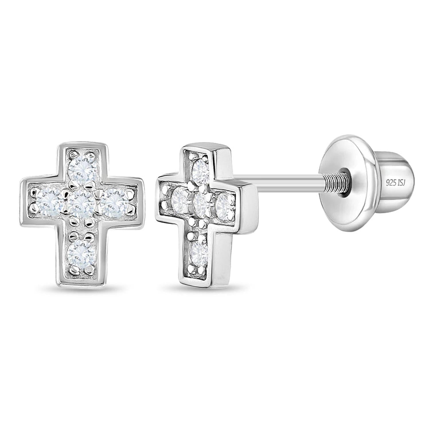 Sterling silver Girls CZ Cross Screw Back Earrings with sparkling clear cubic zirconia stones by In Season Jewellery
