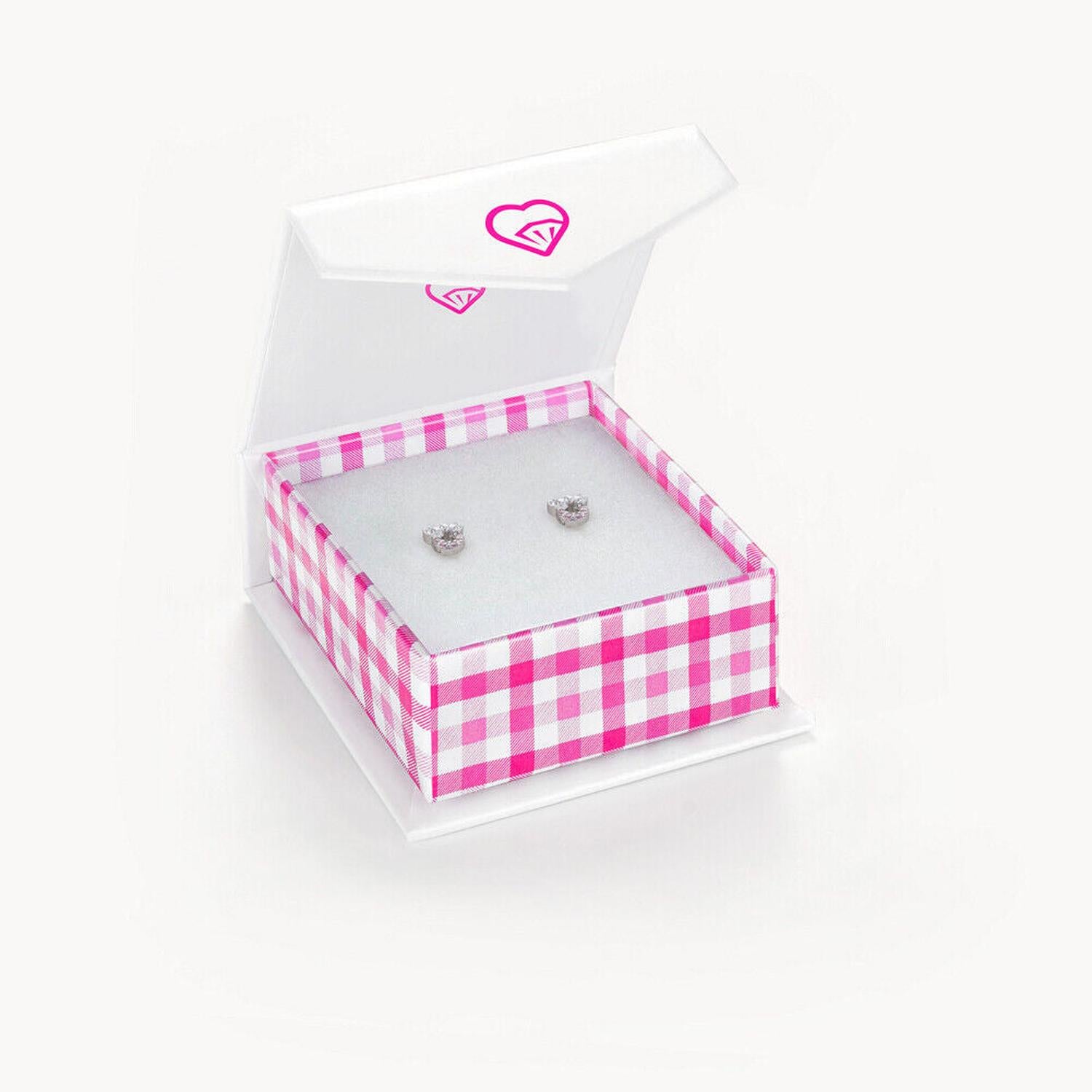 Silver girls mouse earrings with sparkling details in a pink and white checkered In Season Jewellery box