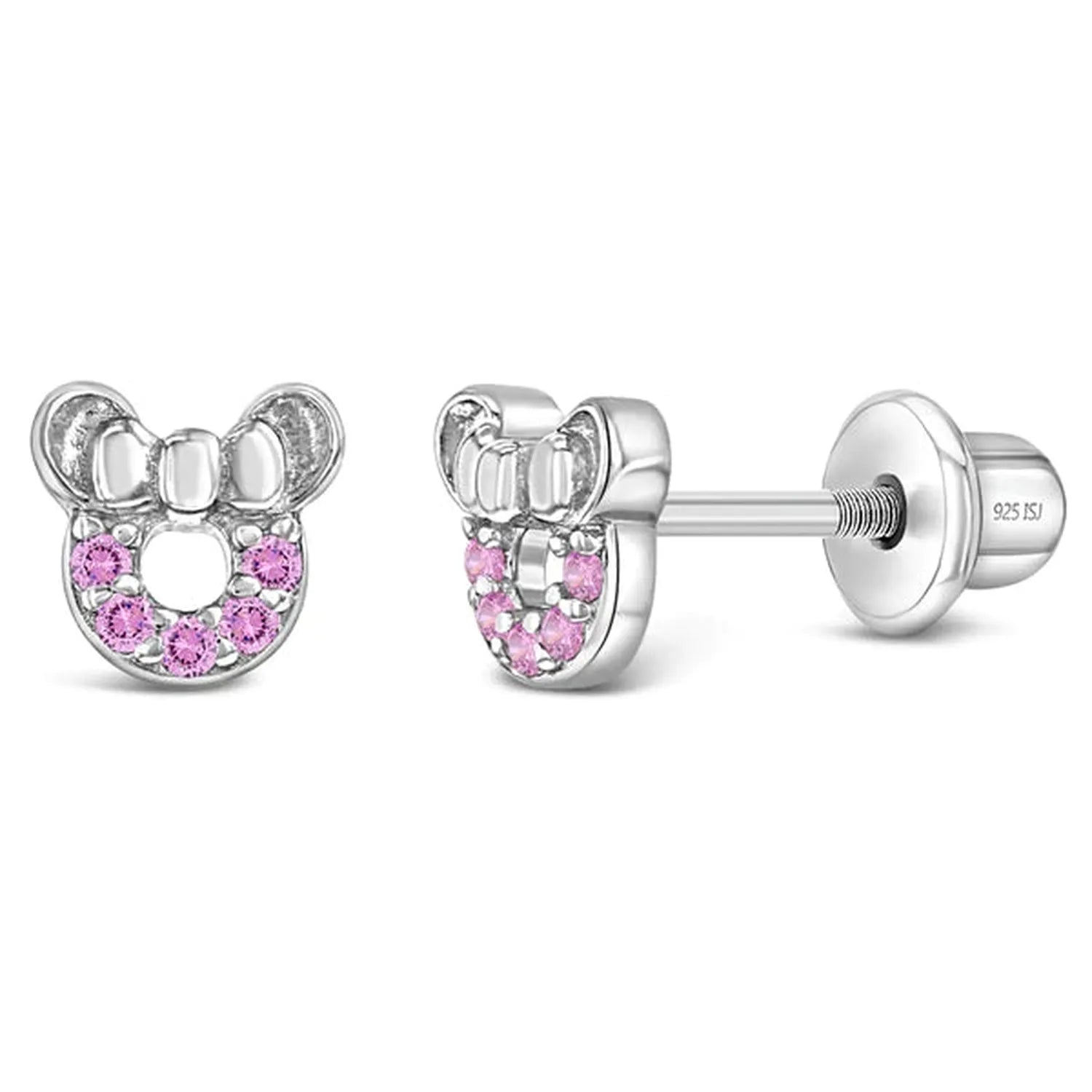 In Season Jewellery silver girls mouse earrings with pink gemstones and bow detail