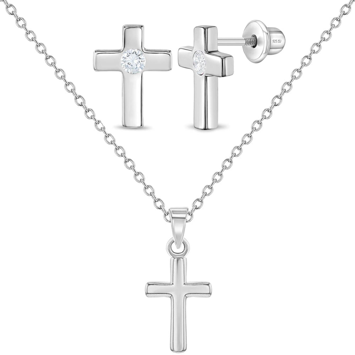 Girls sterling silver cross necklace and earrings set from Melchior Jewellery with sparkling stone accents