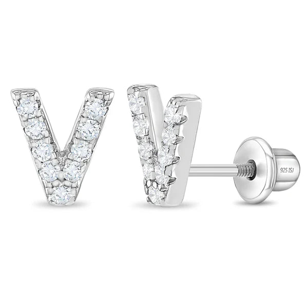 Girl's sterling silver initial V earrings with sparkling stones by In Season Jewellery