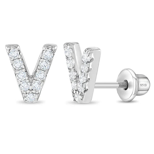 Girl's sterling silver initial V earrings with sparkling stones by In Season Jewellery