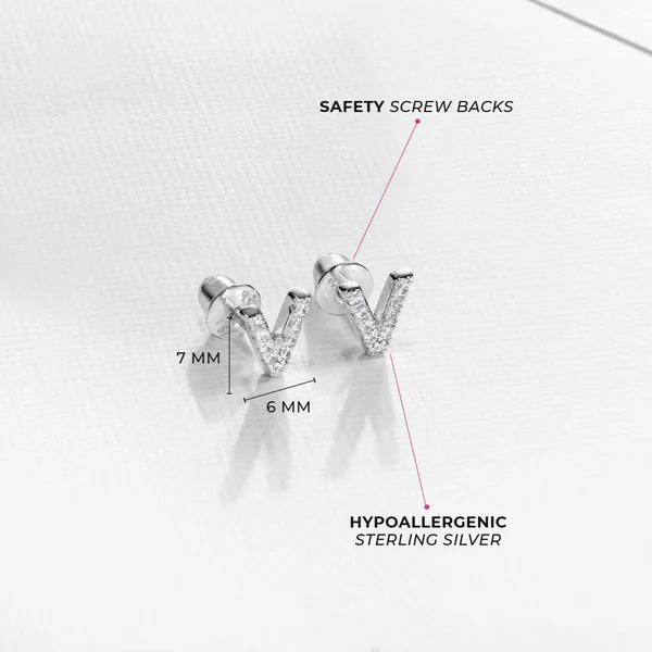 Girl's sterling silver initial V earrings with safety screw backs and hypoallergenic design