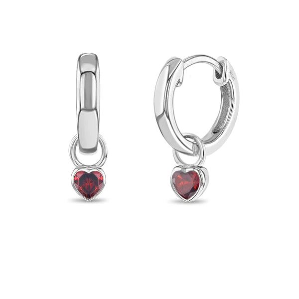 Melchior Jewellery silver hoop earrings with heart-shaped red stones January birthstone jewellery for children