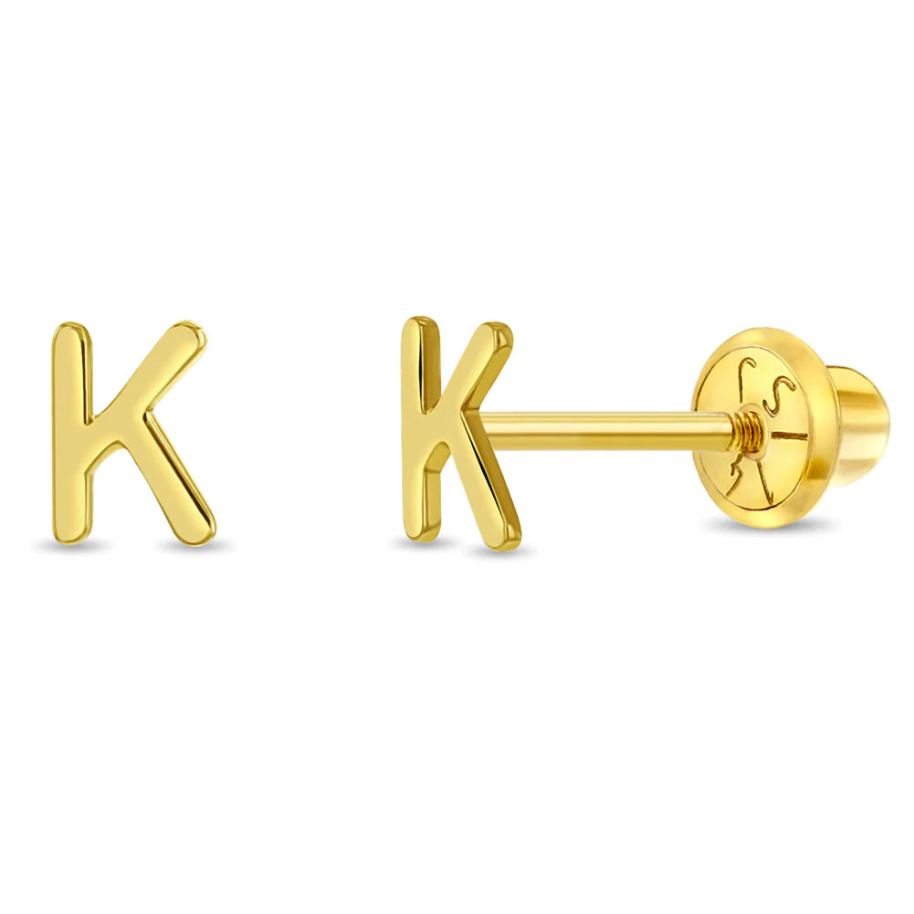 Girls letter K gold screw back studs earrings by In Season Jewellery for children