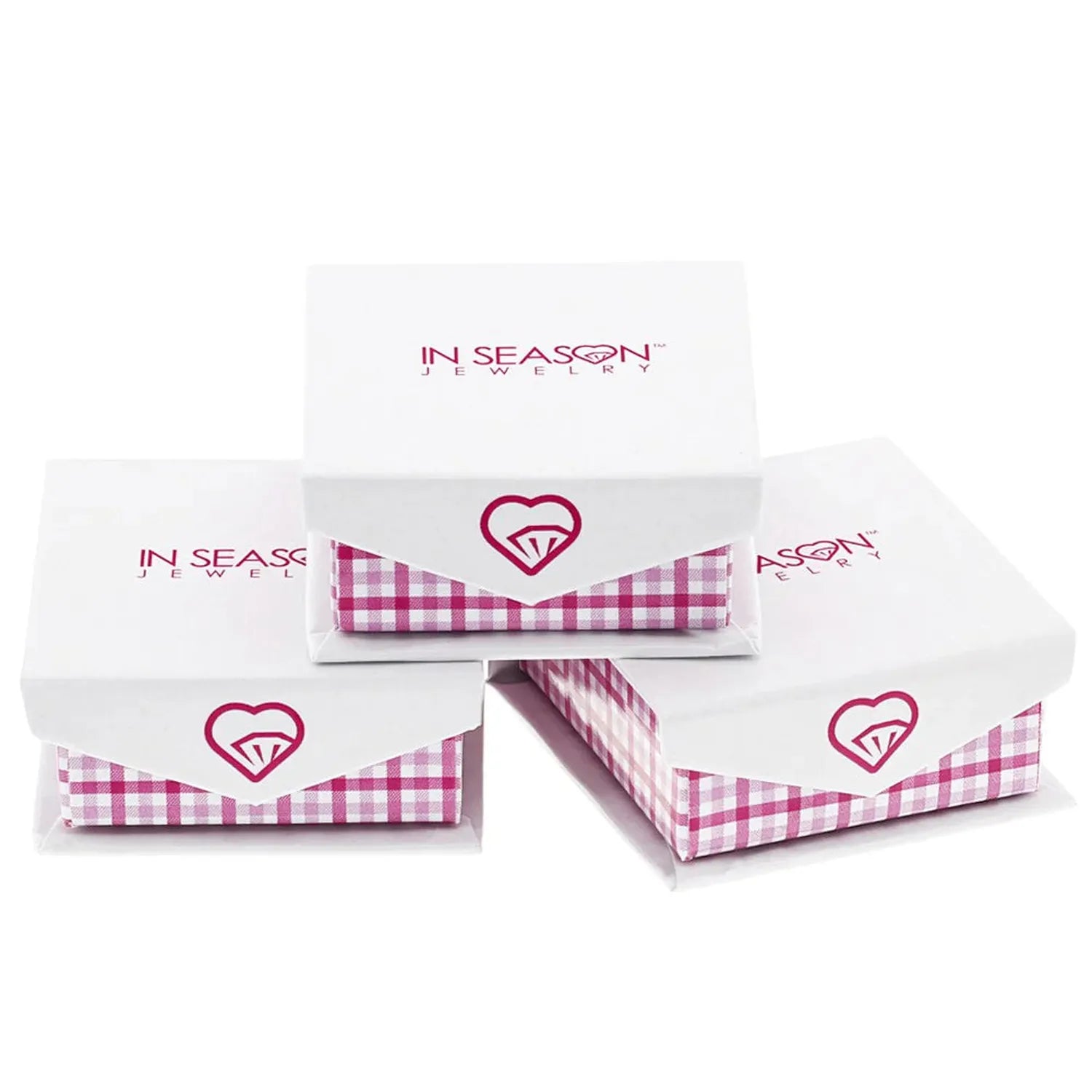 14k gold January birthstone earrings packaging boxes with pink check design for childrens earrings