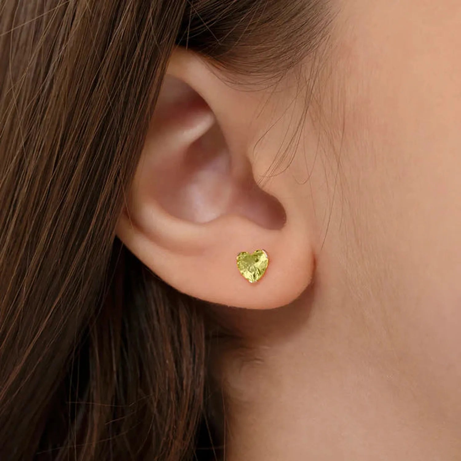 November heart birthstone earrings kids by In Season Jewellery shown on child's ear in heart shape