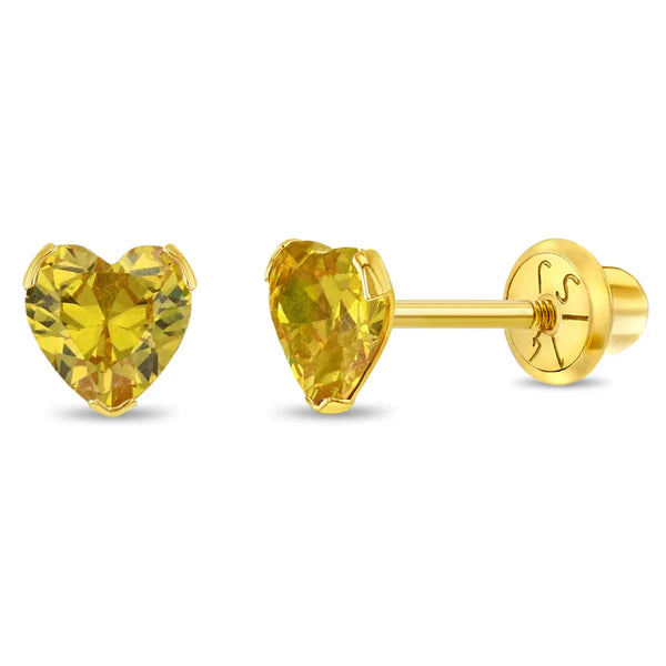 November heart birthstone earrings kids with yellow heart-shaped stones and gold setting by In Season Jewellery
