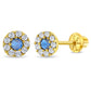 14k gold girls screw back earrings with blue centre stone and surrounding clear crystals