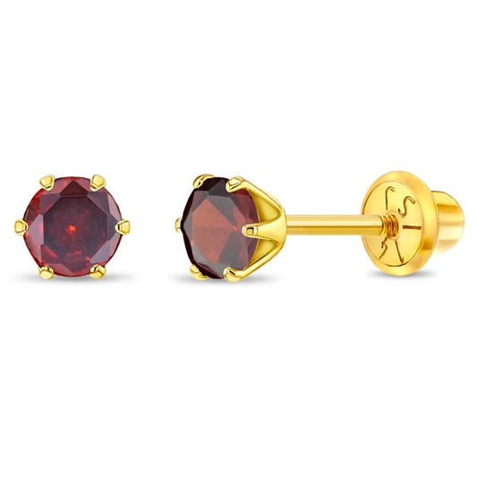 14k gold January birthstone earrings for children with deep red gemstones and secure screw back design