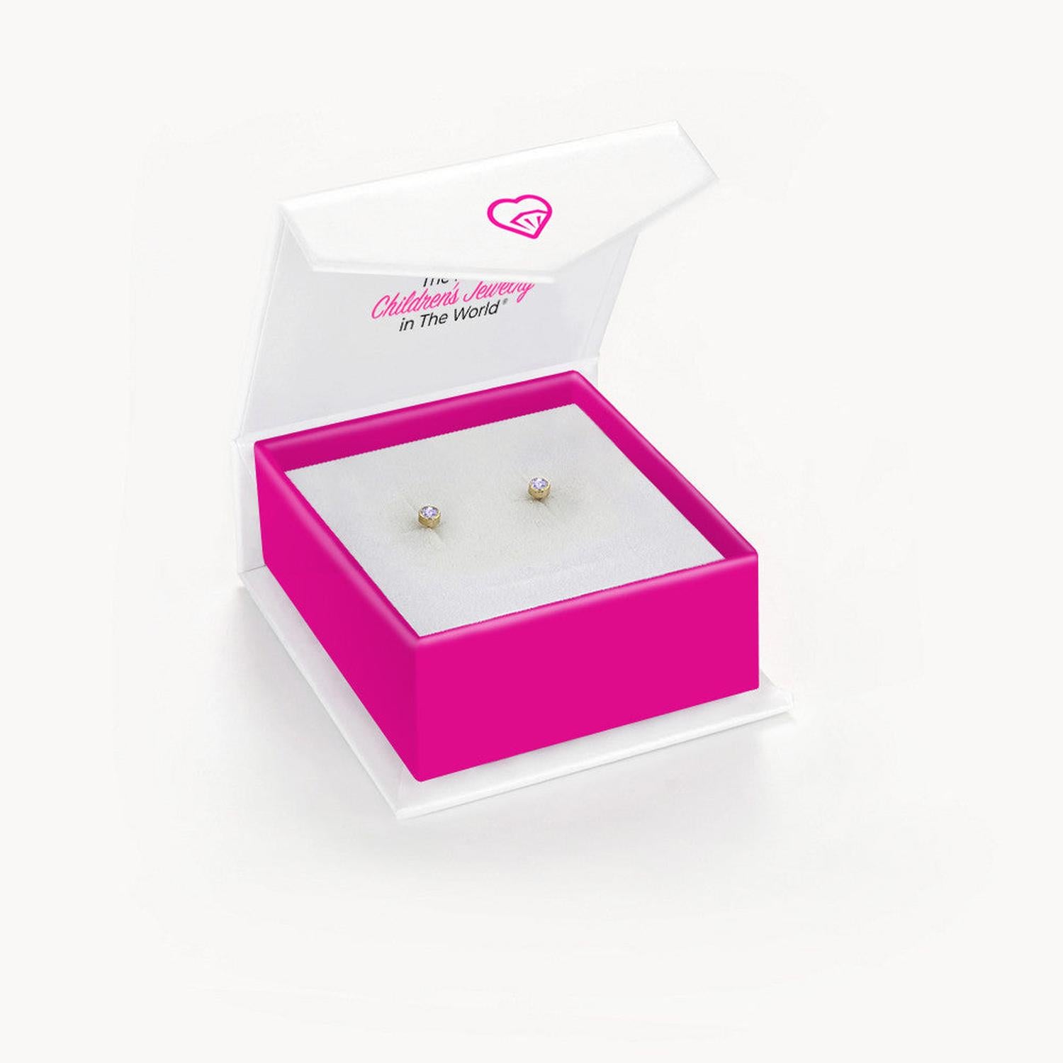 14k gold June birthstone earrings for girls displayed in a pink and white In Season Jewellery box