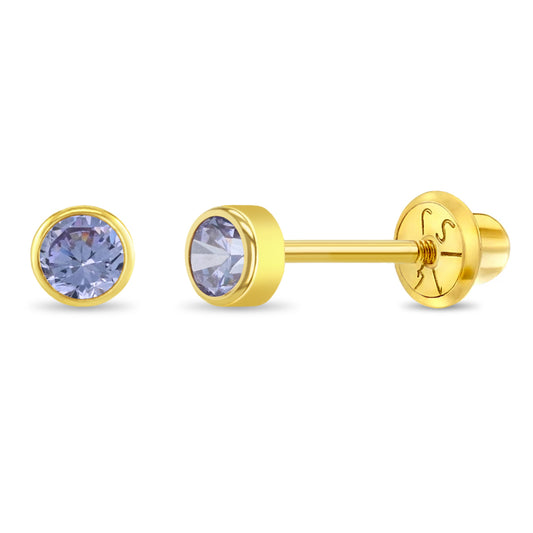 14k gold June birthstone earrings for girls by In Season Jewellery with purple gemstone studs