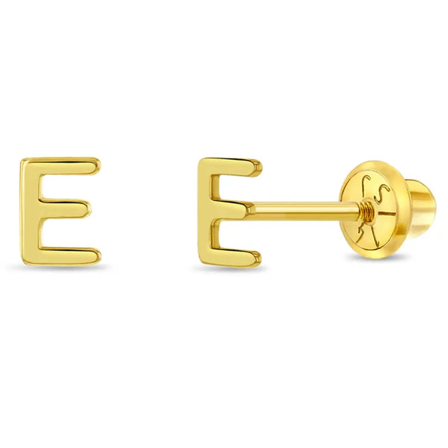14k gold letter E earrings for girls by In Season Jewellery with secure screw back design
