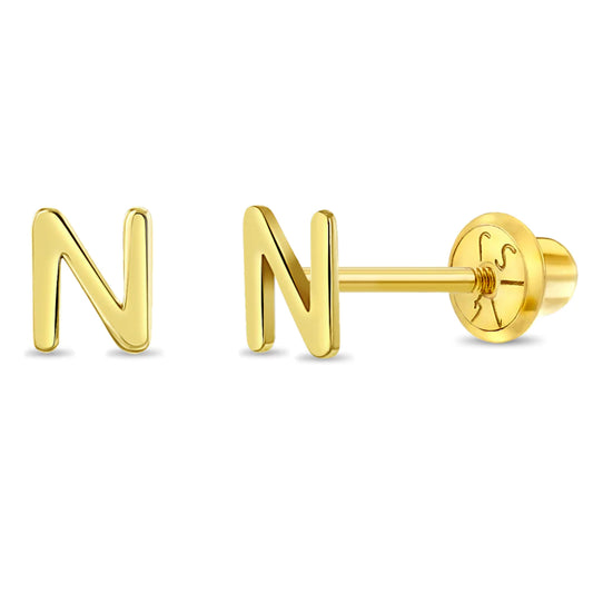 14k gold letter N earrings for kids from In Season Jewellery with secure screw back design