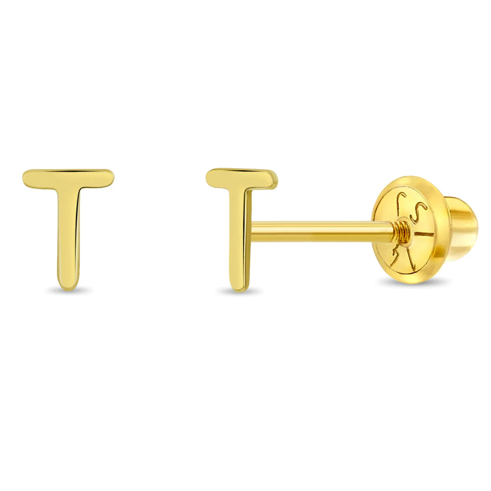 14k gold letter T earrings for girls by In Season Jewellery, simple and elegant children's earrings