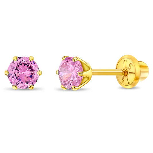 14k gold October birthstone earrings for kids by In Season Jewellery featuring pink gemstones in a secure stud setting