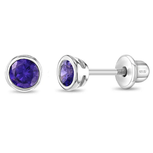 In Season Jewellery 4mm silver screw back earrings with purple gemstones for children
