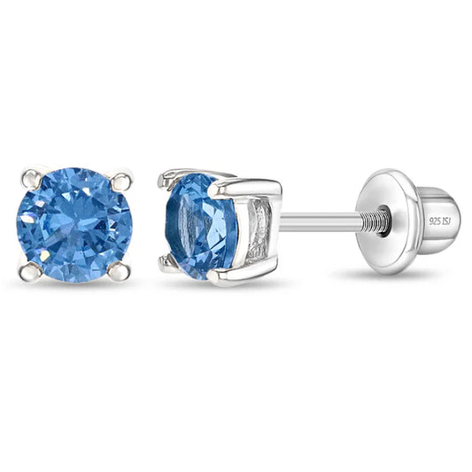Children's sterling silver blue earrings with round blue gemstones and secure screw back design