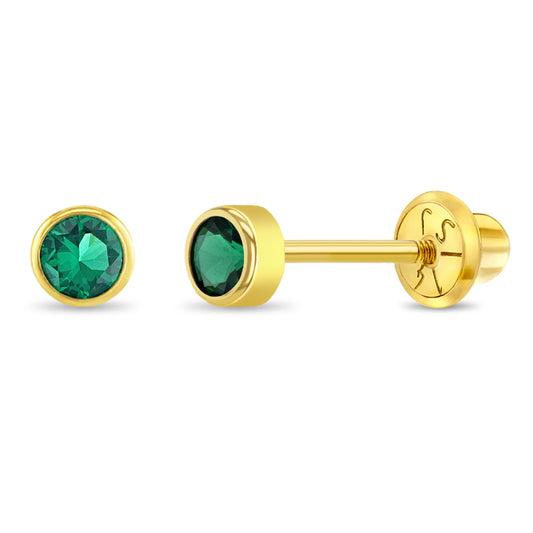 Emerald green screw back earrings for children with gold setting by In Season Jewellery
