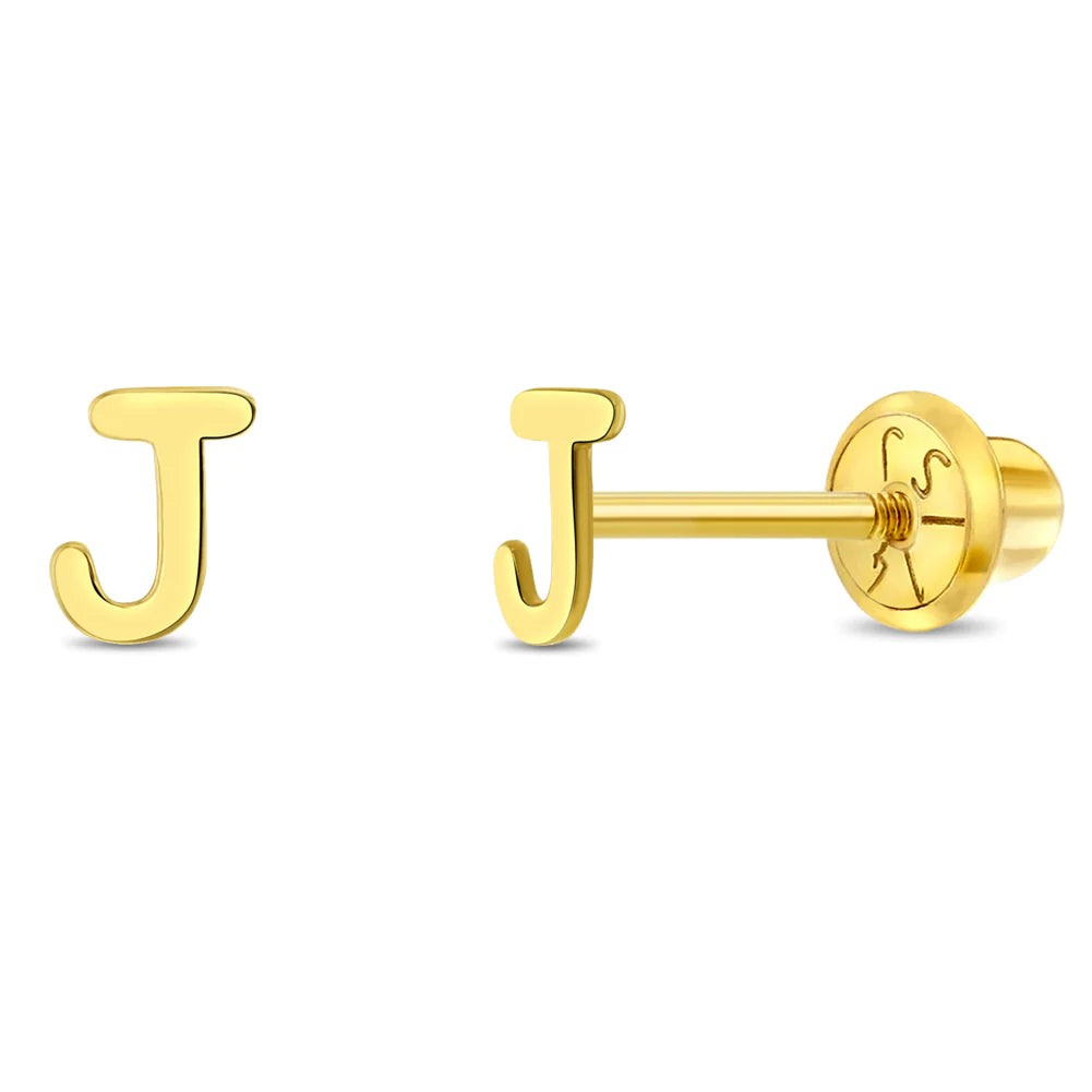 Girls gold letter J earrings from In Season Jewellery in polished gold finish for children