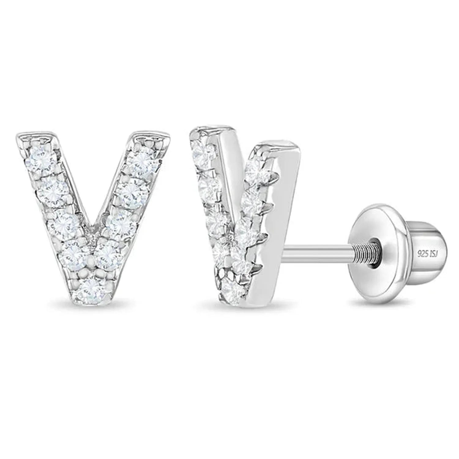 Sterling silver girls initial V earrings with clear stones by In Season Jewellery for children