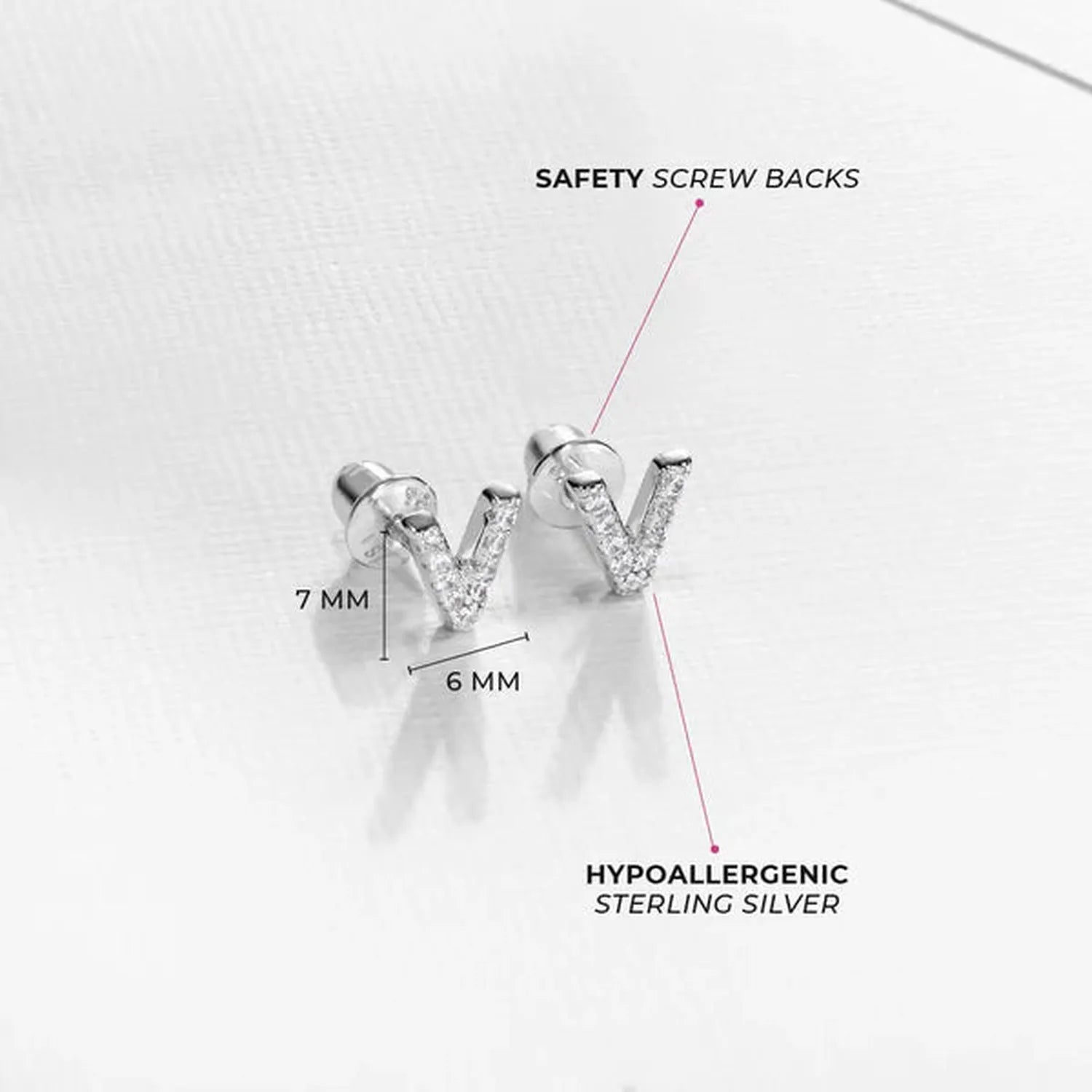 Hypoallergenic sterling silver girls initial V earrings with safety screw backs for children