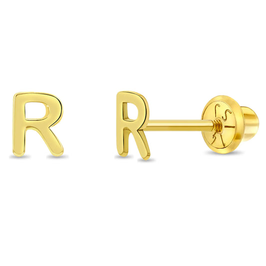 Girls letter R gold screw back earrings from In Season Jewellery in polished finish
