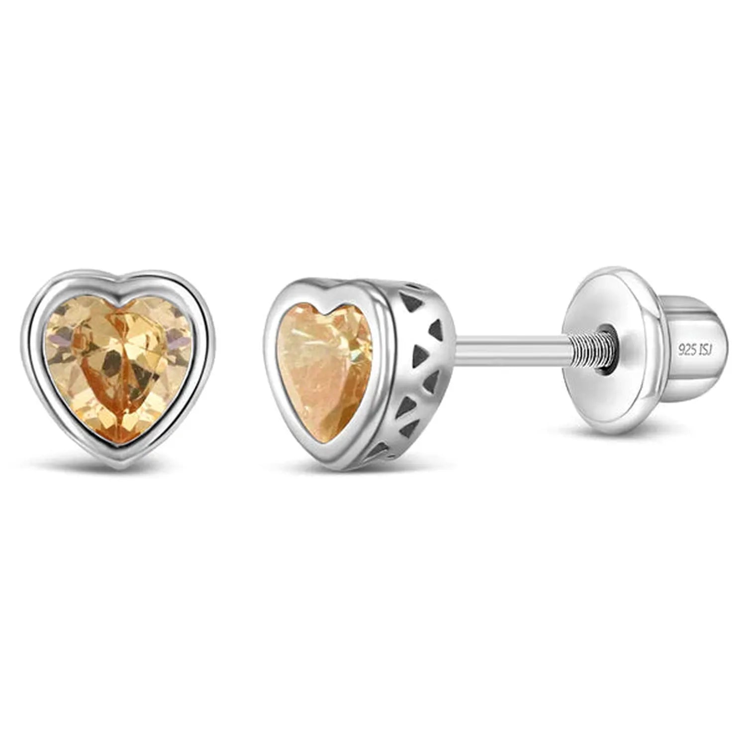 Sterling silver heart shaped Kids November Birthstone Screw Back Earrings with yellow gemstone