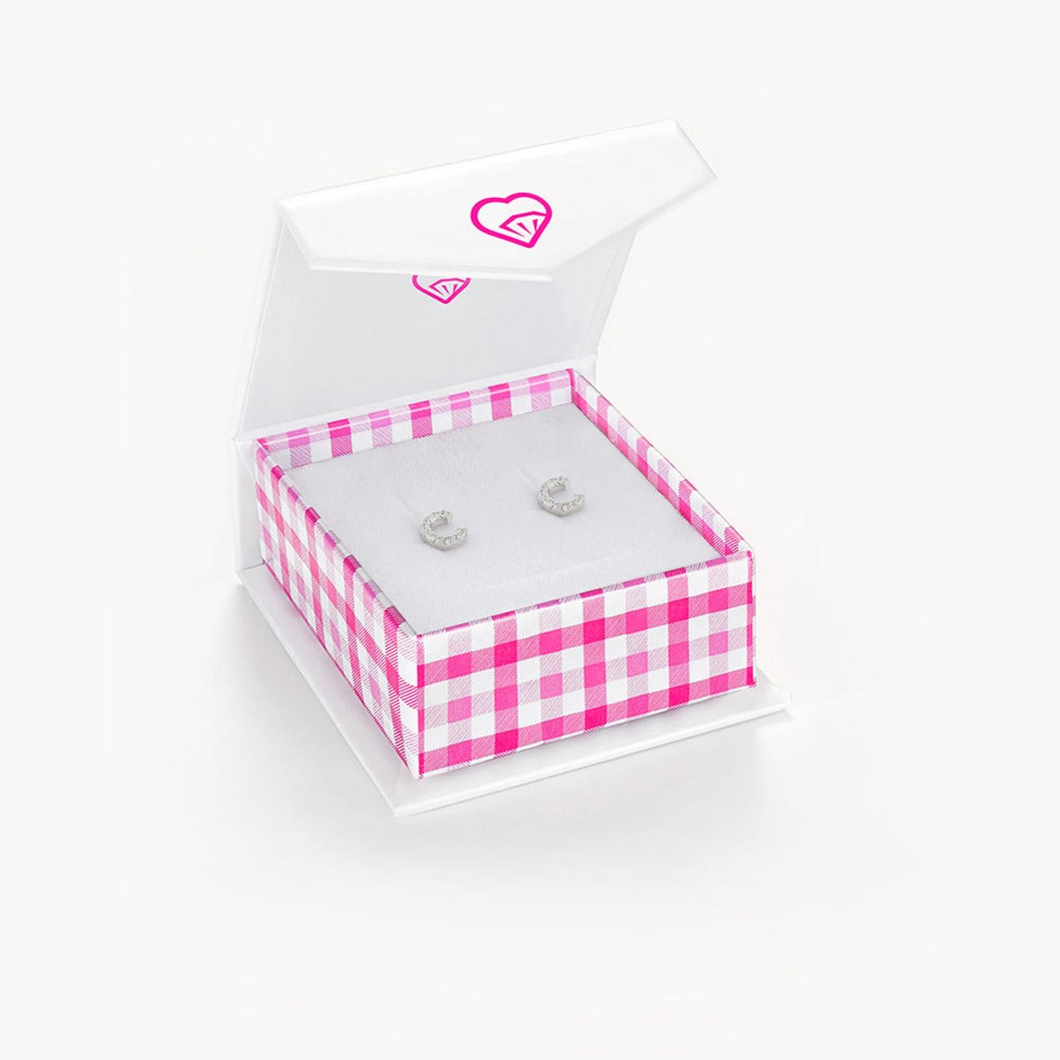 Sterling silver initial C earrings with sparkling stones in pink checkered In Season Jewellery box