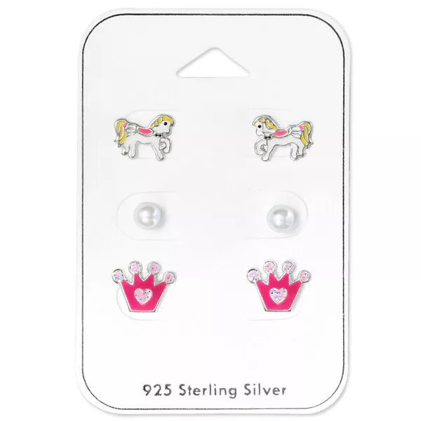 Melchior Jewellery kids 925 silver earring set with horse, pearl, and pink crown designs
