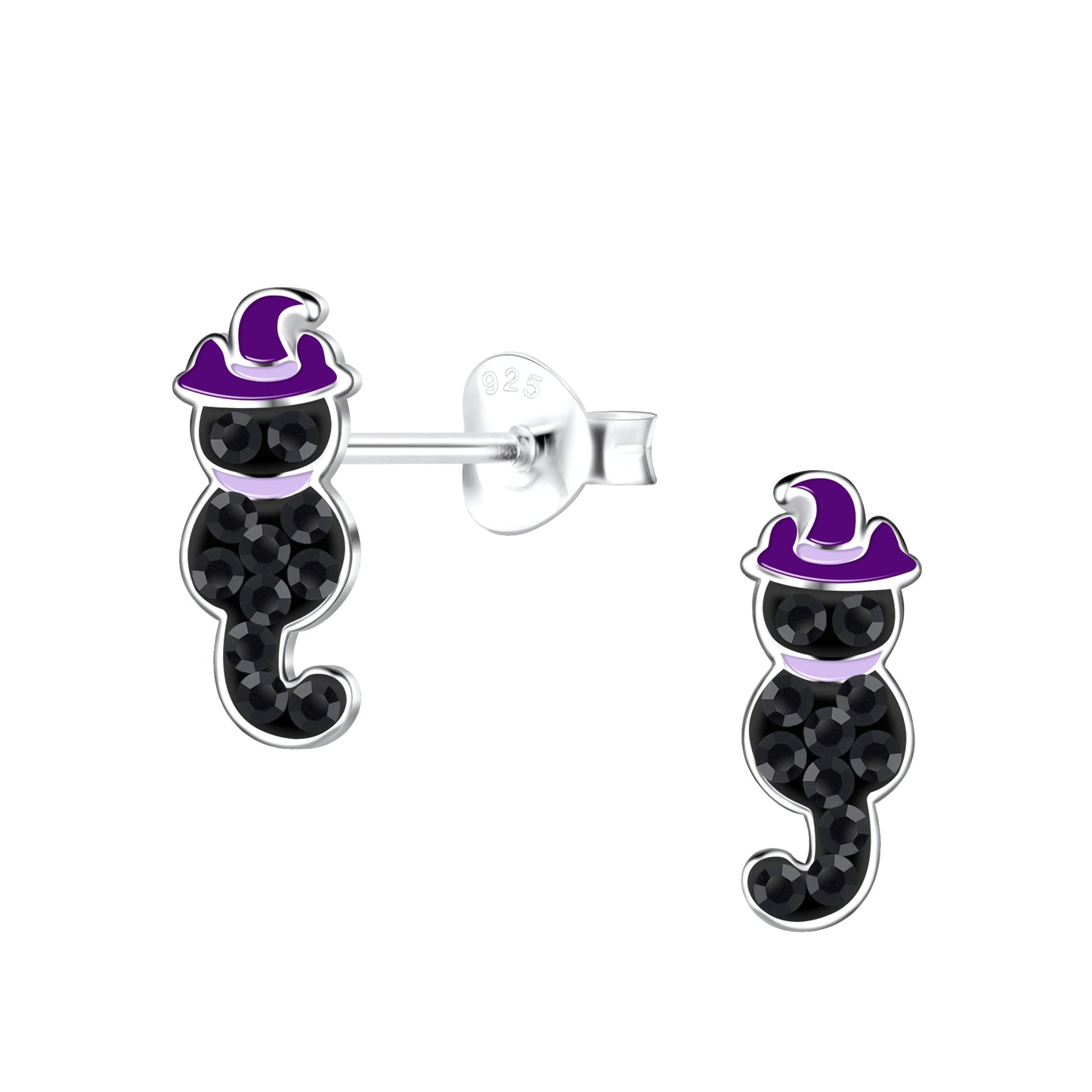 Melchior Jewellery kids Halloween jewellery cat studs in black with purple witch hats for children