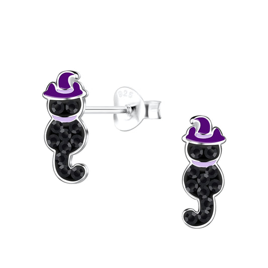 Melchior Jewellery kids Halloween jewellery cat studs in black with purple witch hats for children