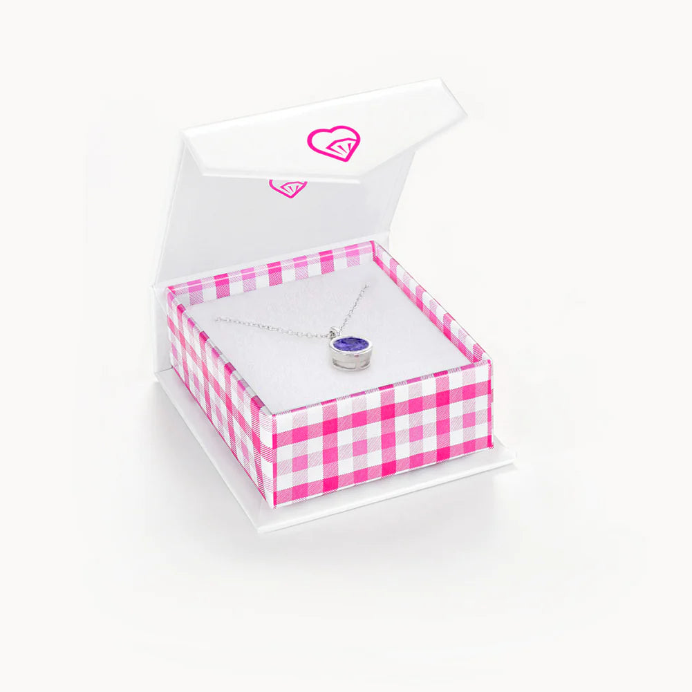 Melchior Jewellery children's February birthstone necklace with amethyst pendant on silver chain in pink gingham gift box