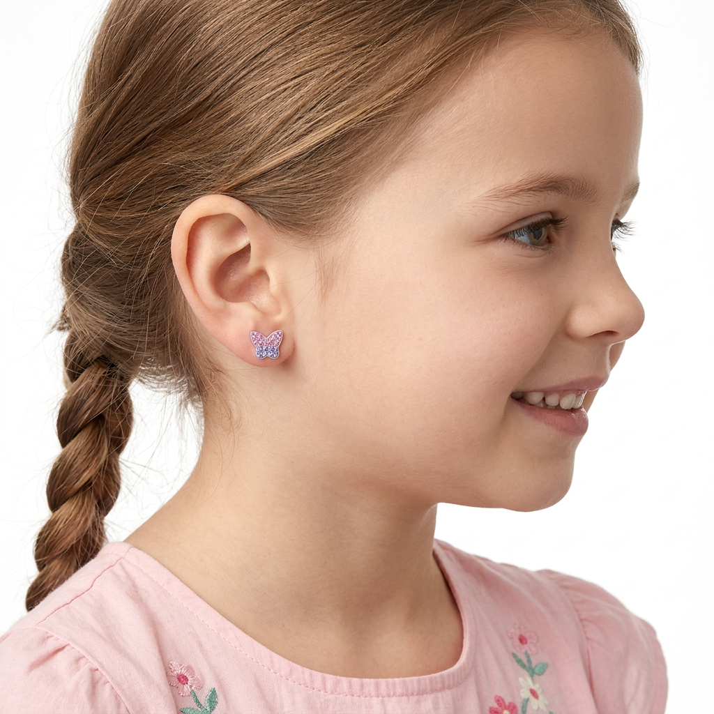 Melchior Jewellery kids screw back earrings silver butterfly design in pink for children