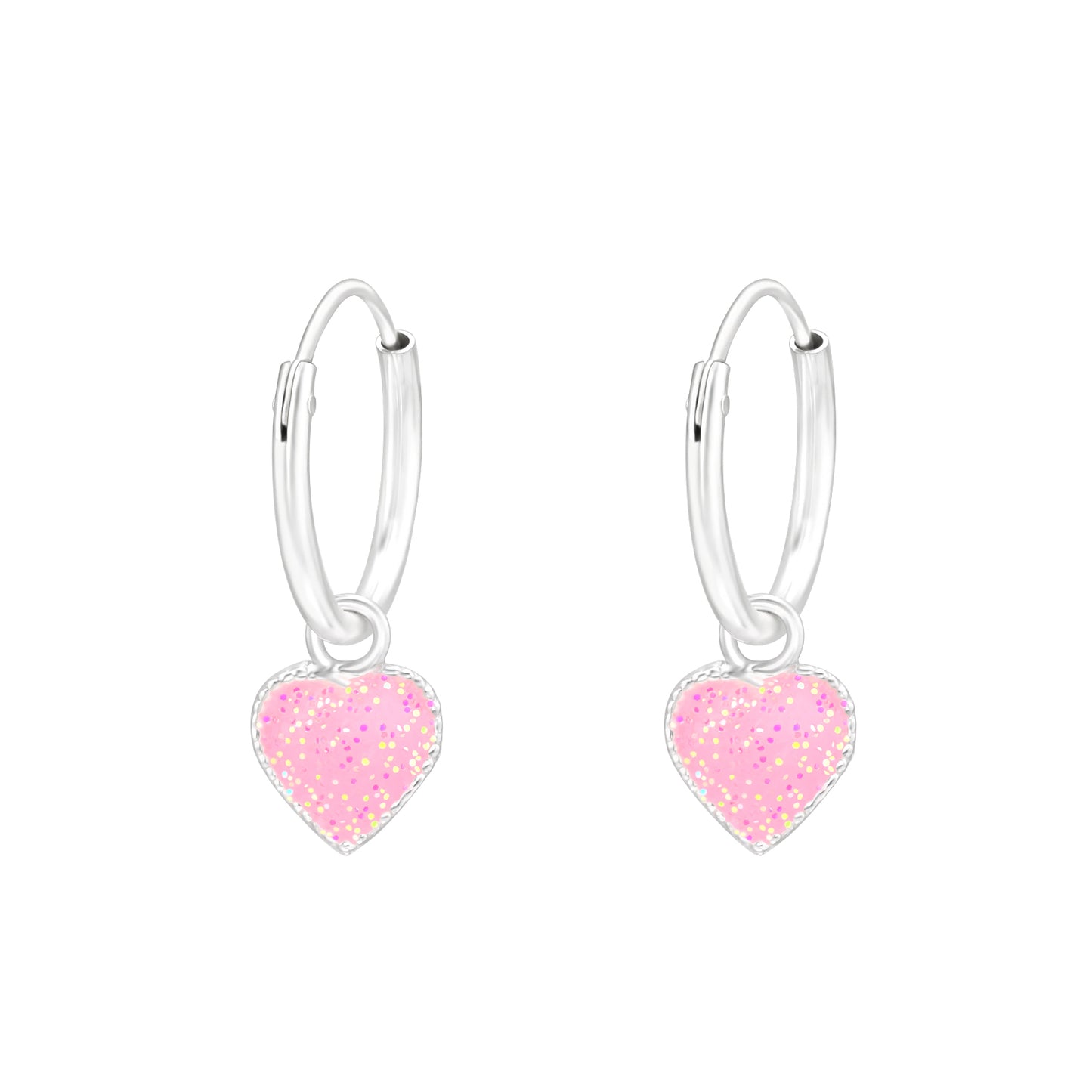 Kids silver heart charm earrings with pink glitter hearts on silver hoops by Melchior Jewellery