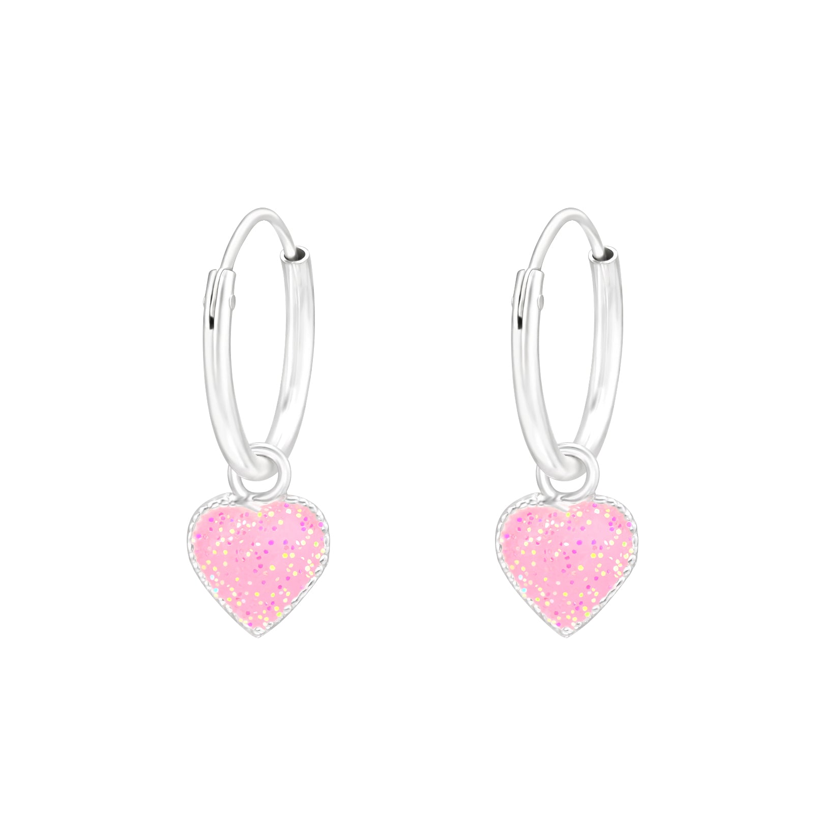 Kids silver heart charm earrings with pink glitter hearts on silver hoops by Melchior Jewellery