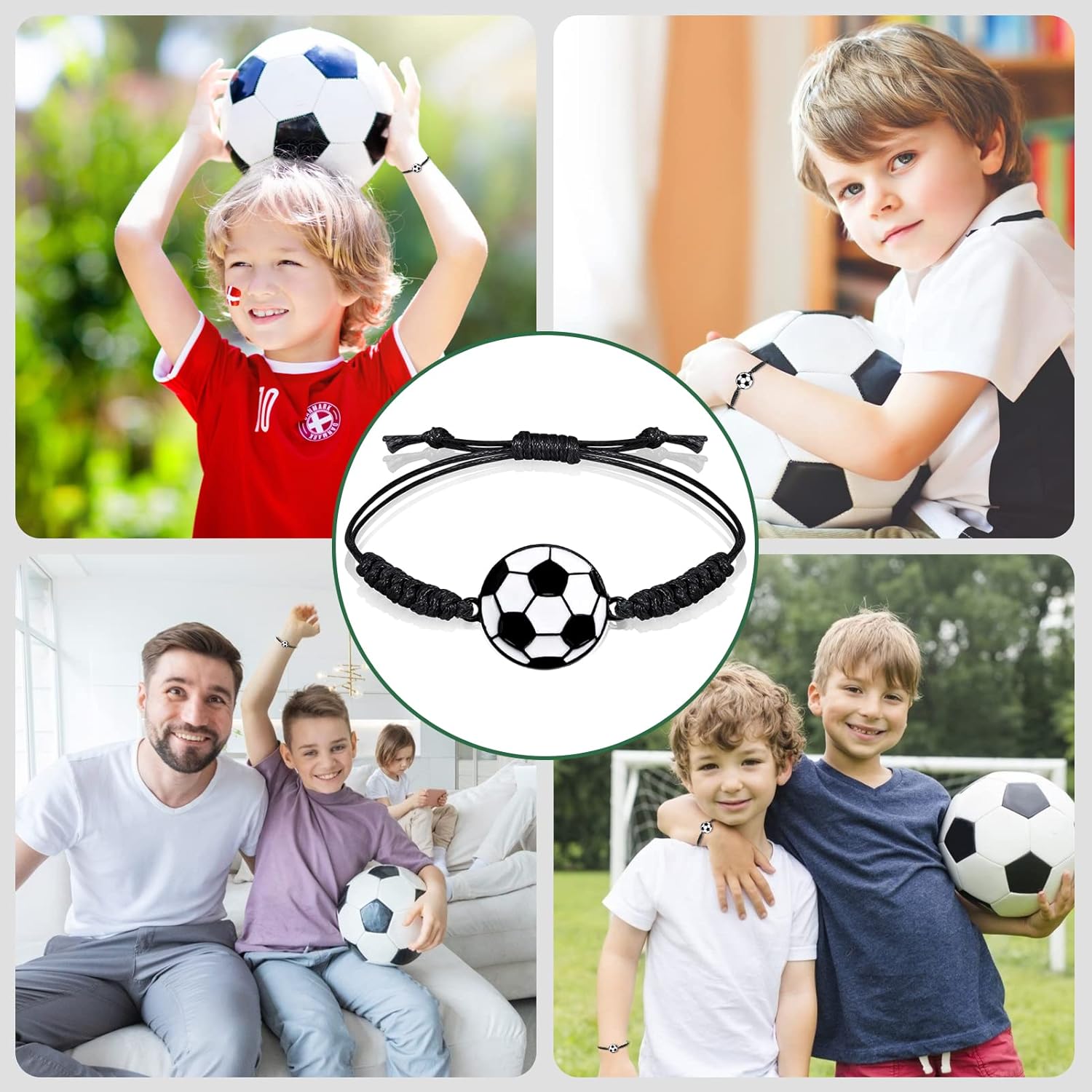 Kids sterling silver football bracelet by Melchior Jewellery shown with children playing football and wearing the bracelet